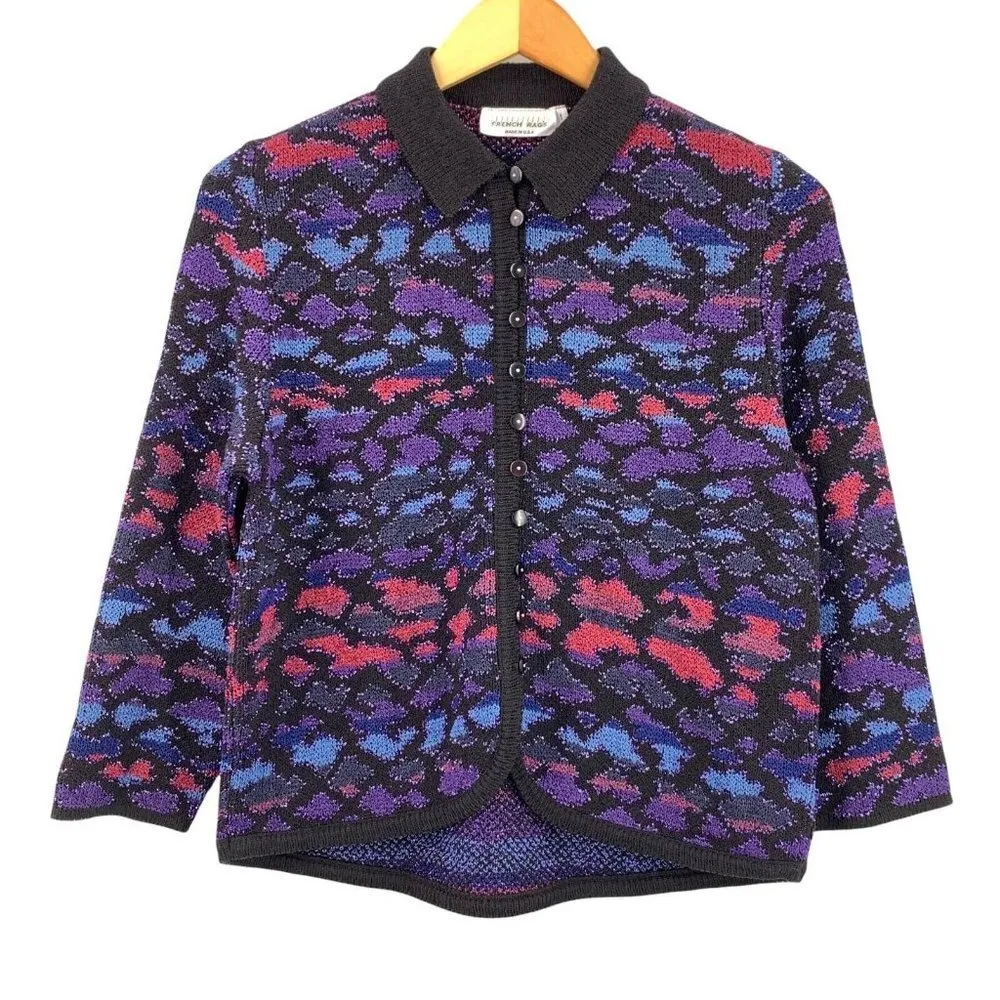 Vintage FRENCH RAGS Black Purple Blue Metallic Cardigan Sweater Size 1/M Size M - Image 3