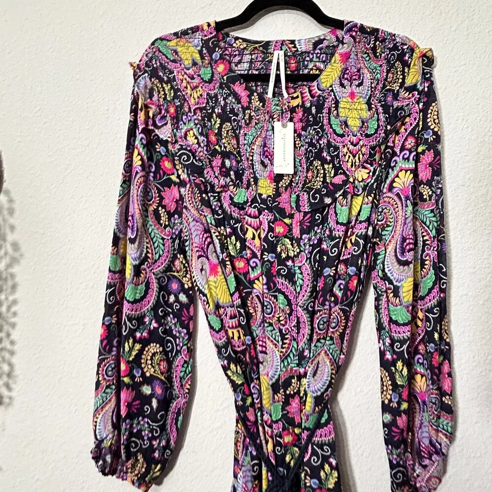 By Anthropologie Tunisian Tunic Paisley Vibrant Smocked Collar NWT Large Coverup - Image 11