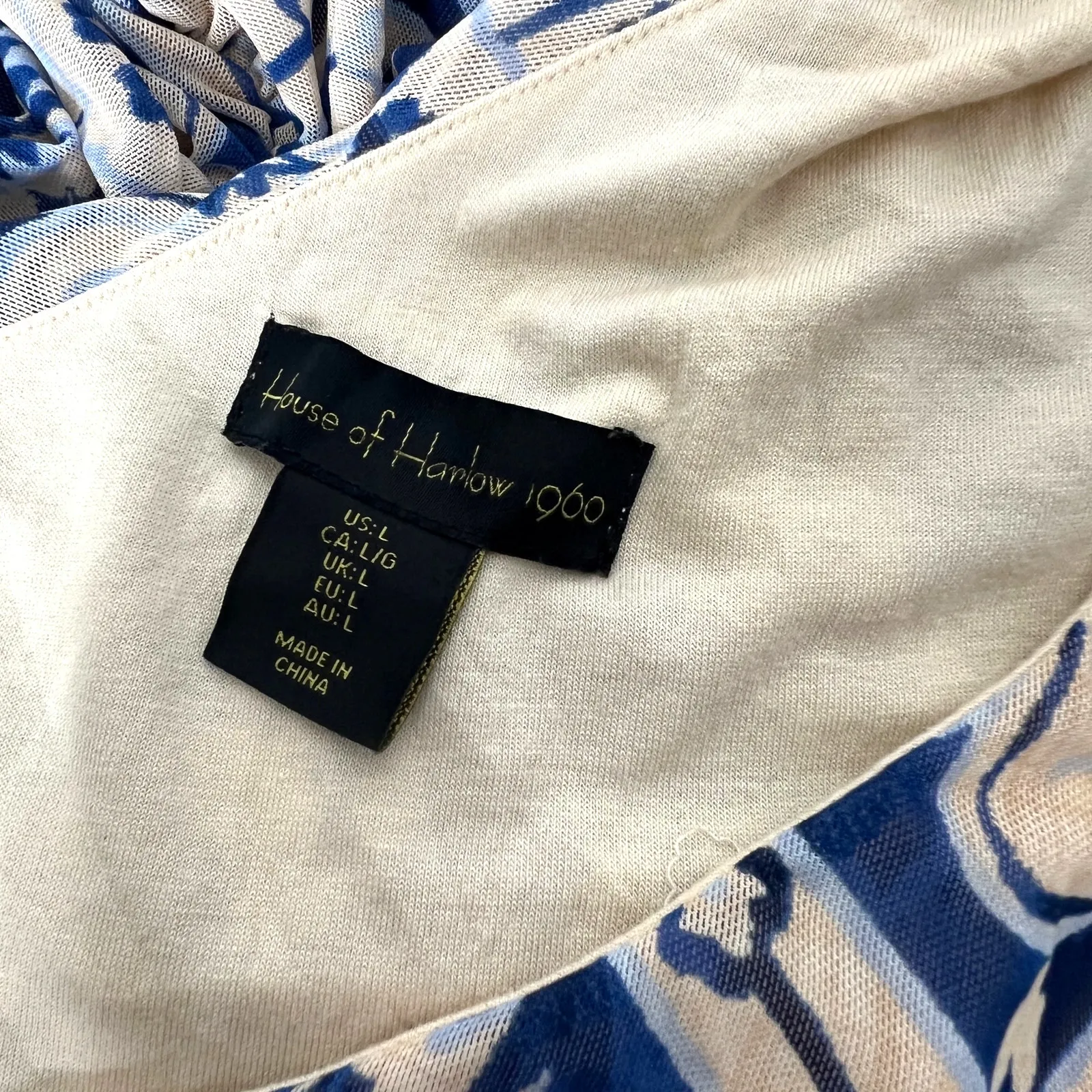 House of Harlow Ruched One Shoulder Bodycon Midi Dress Blue Beige Size Large - Image 4