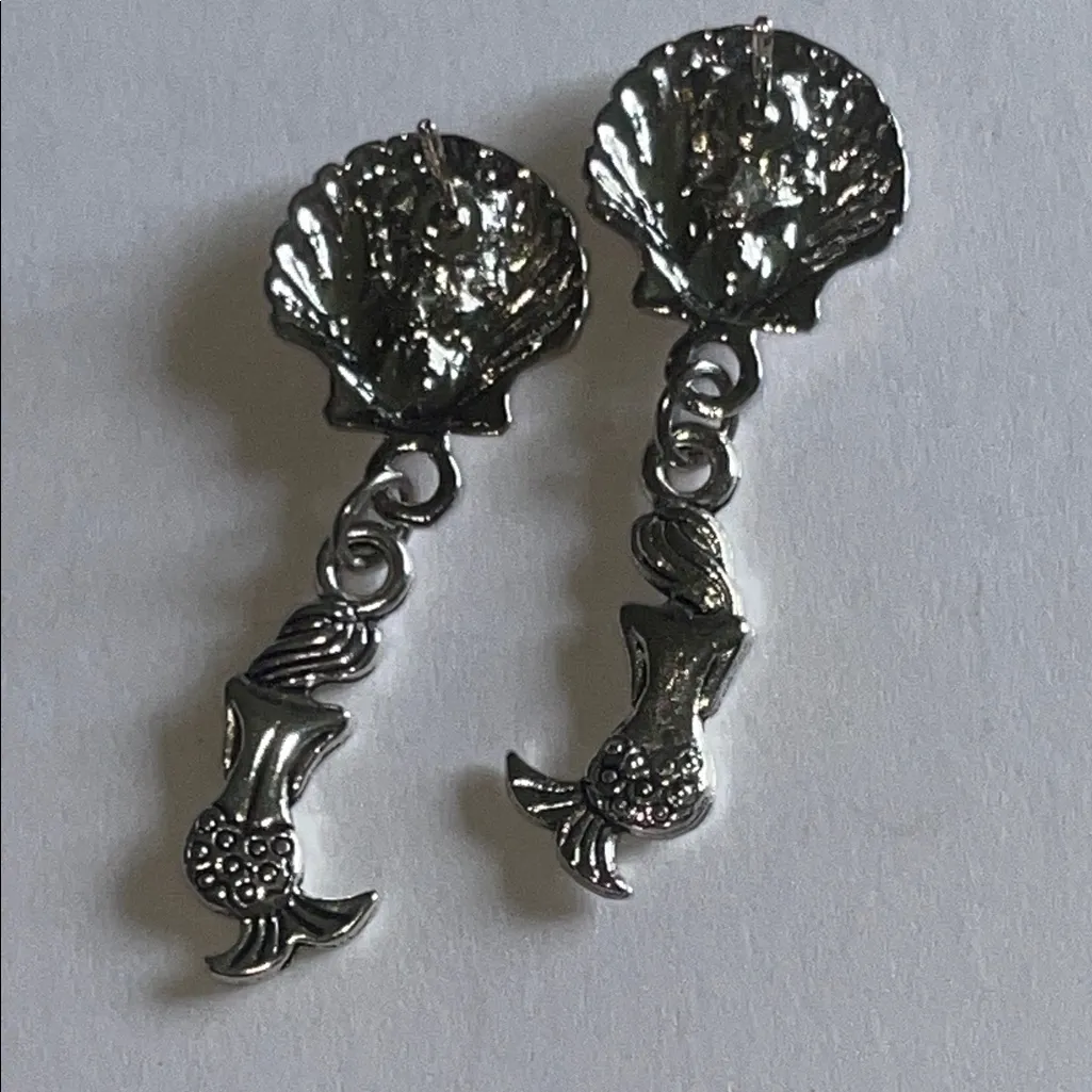 Silver Tone Shell and Mermaid Boho Dangle Earrings - Image 3