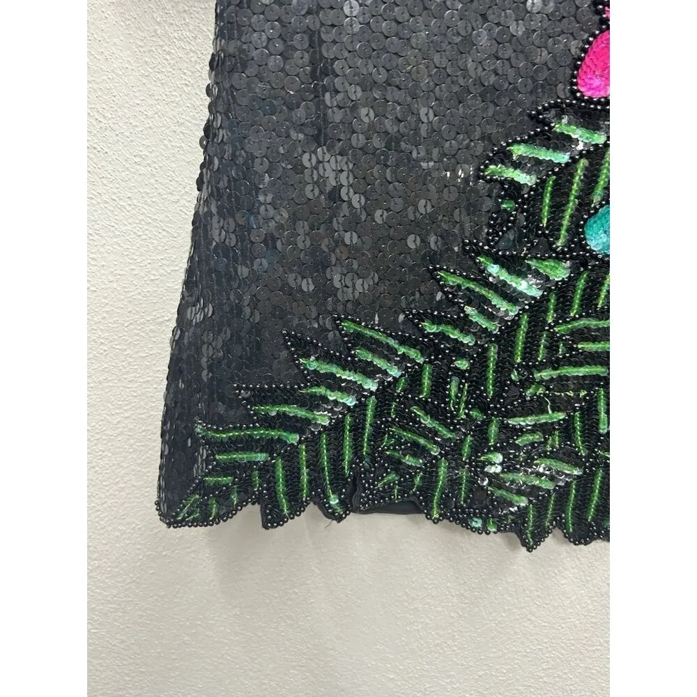 VTG Stenay Silk Beaded Sequin Embroidered Top Medium Floral Black Wedding Event Green - Image 6