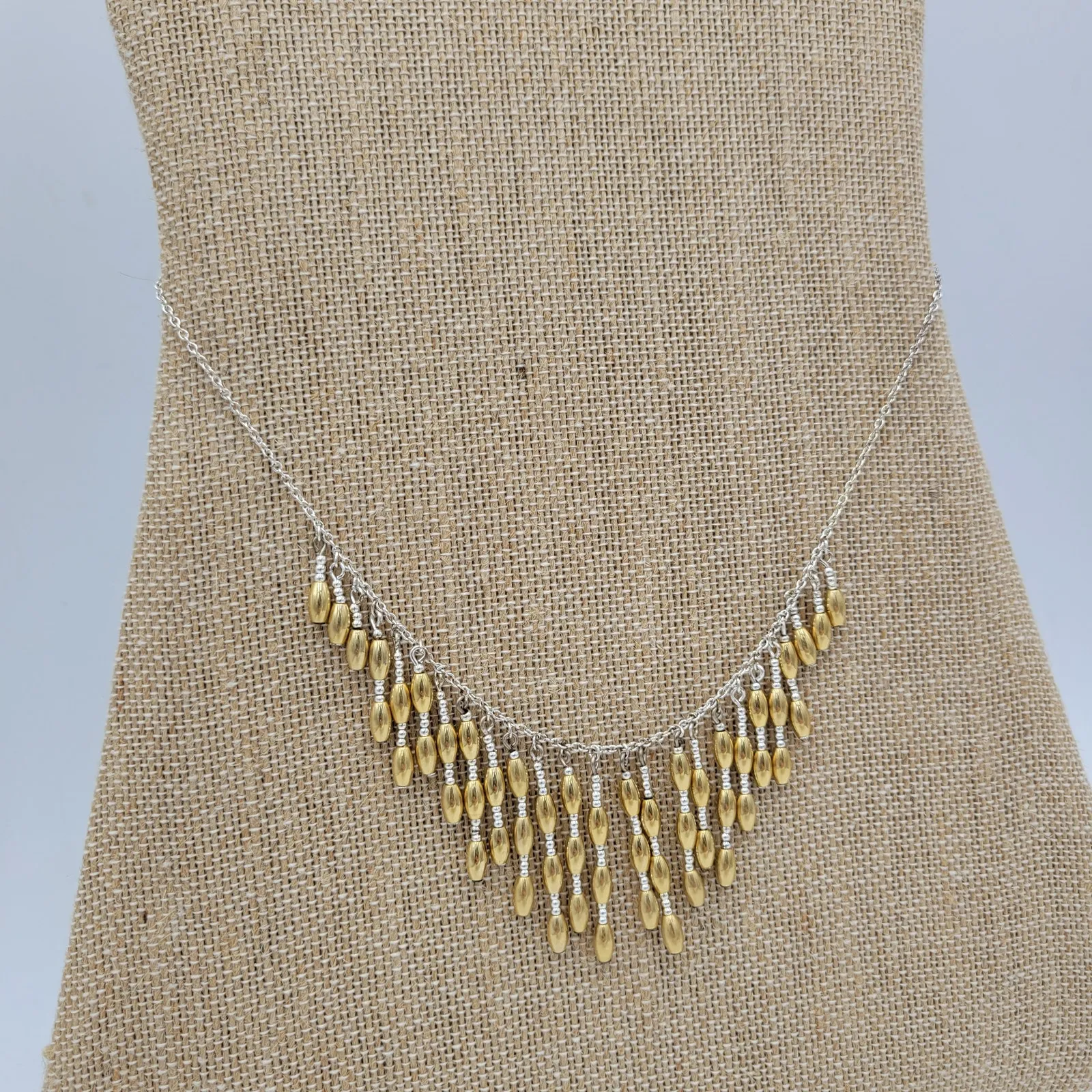 Vintage Napier‎ Metal Barrel Beads Bib Neckleace 19" Gold Silver Tone Dangling - Image 3