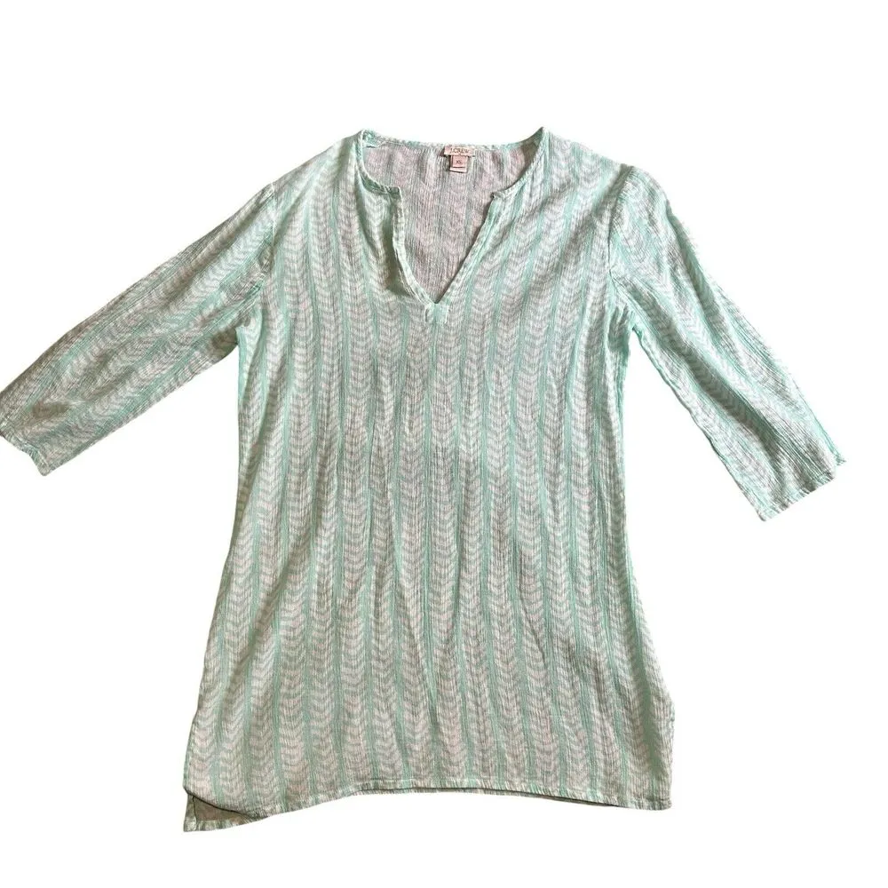 J. Crew Crinkle Tunic Top Size XS Green White V‎ Neck BOHO Coastal Beach - Image 3