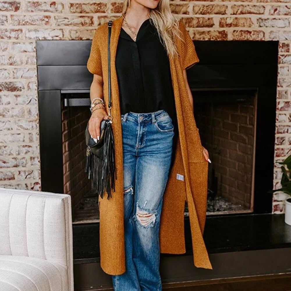 JODIFL size small short sleeve ribbed duster long cardigan pockets split sides - Image 2