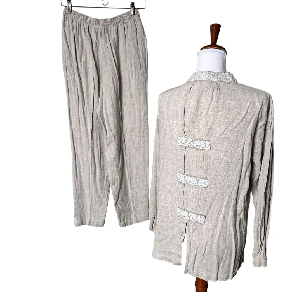 Linen Blend Top Pants Set Oatmeal Tweed Embroidered Long Sleeve Small - Image 10
