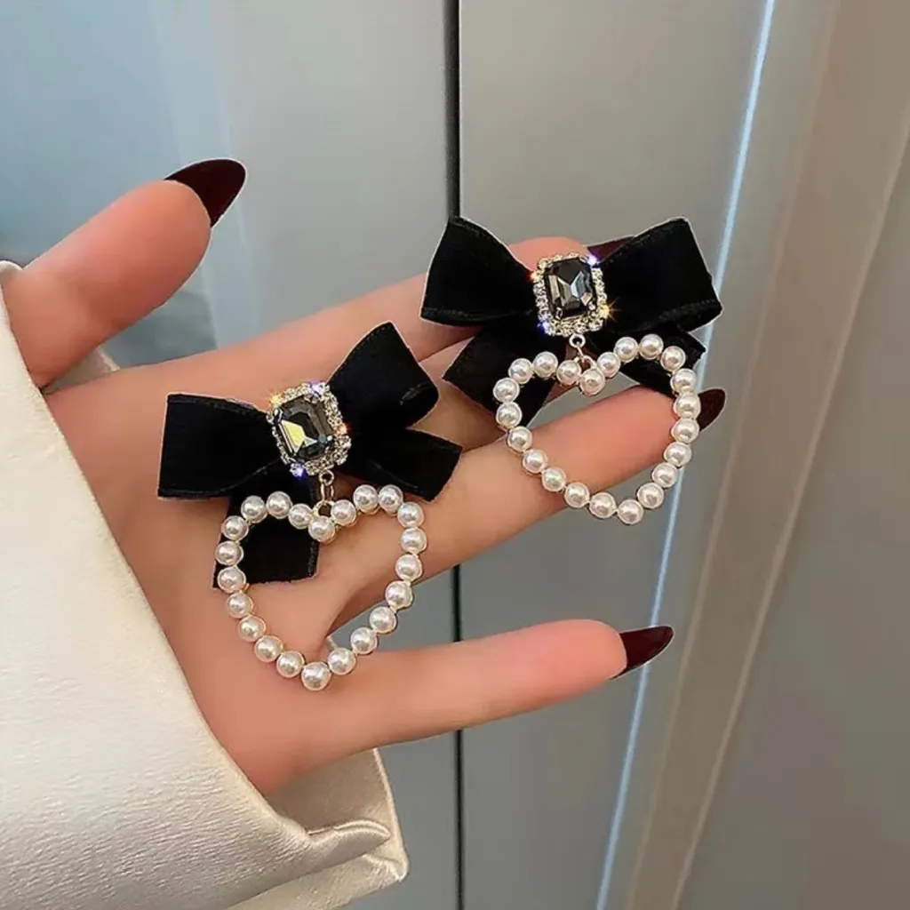 Fashion Black‎ Bow Heart Shaped Imitation Pearl Earrings Faux Fashion Jewelry Black - Image 4