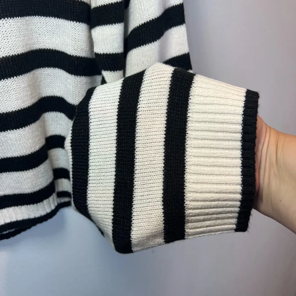 H&M Divided Cropped Polo Sweater Striped Ivory Black Stretch Preppy Women Medium - Image 5