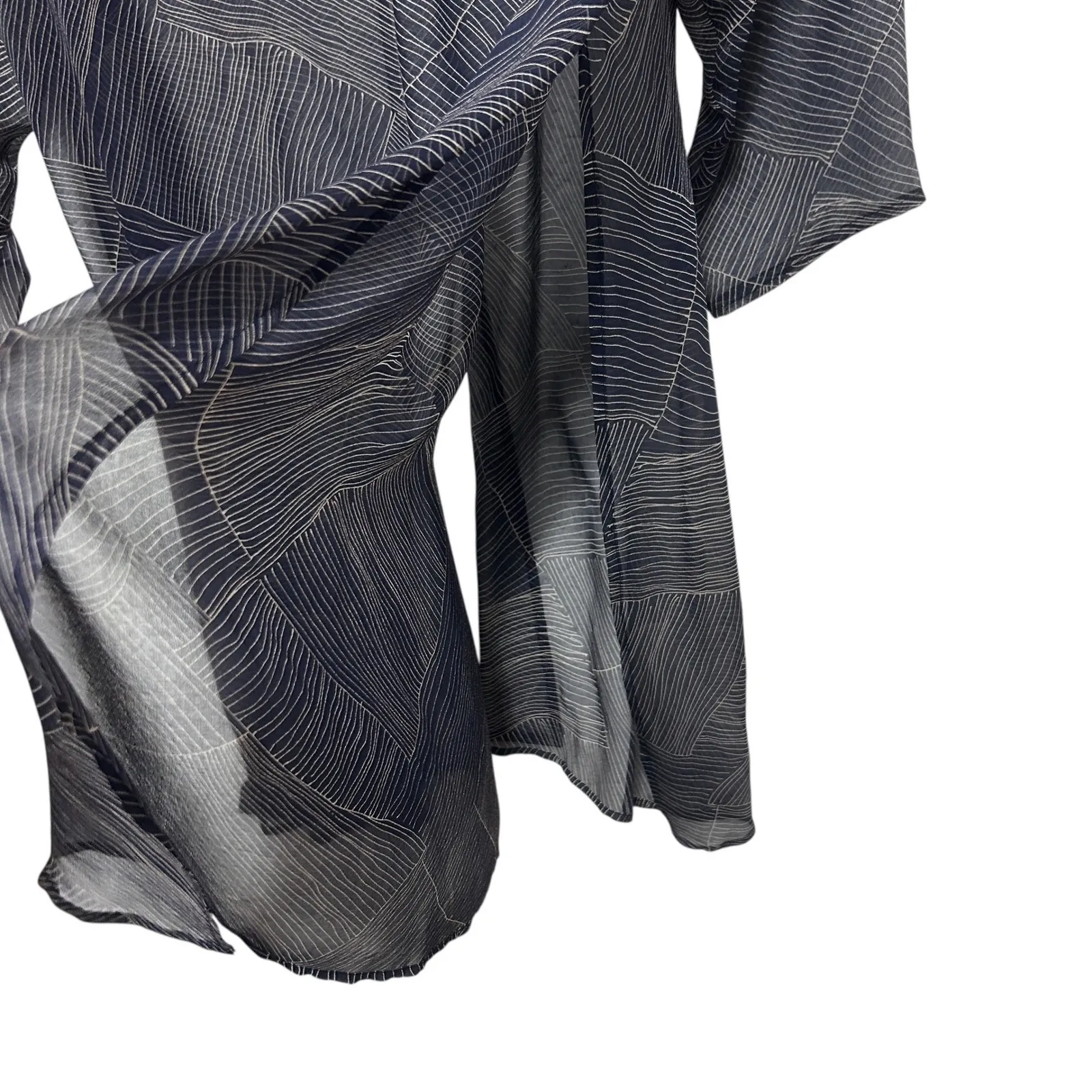 Robbie Bee Woman Duster Cardigan 20W Silk Sheer Open Front Navy Abstract Print - Image 6