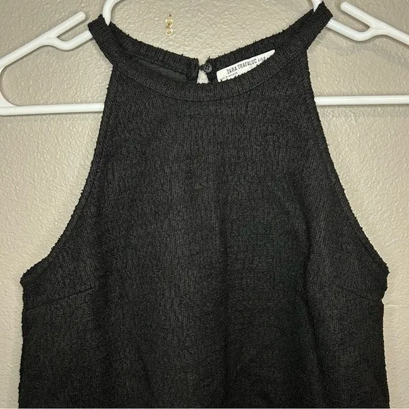 Zara black tweed halter top with fringe hem women's size small - Image 4