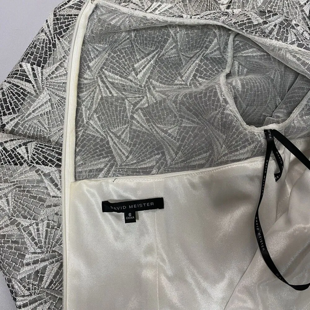 David Meister Silver Geo Illusion Lace Overlay Sheath Party Dress 6 Wedding FLAW - Image 12