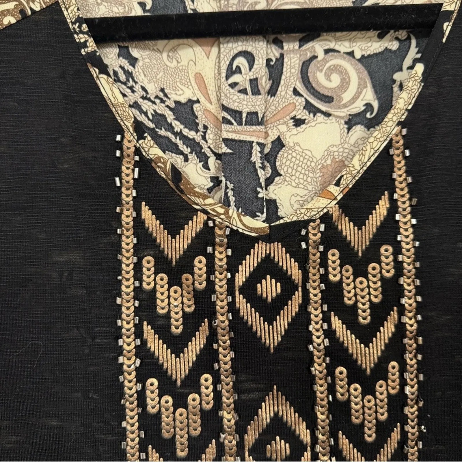 Miss Me Y2K Black Tan Blouse Womens S Paisley Beaded 3/4 Sleeve Lightweight - Image 3