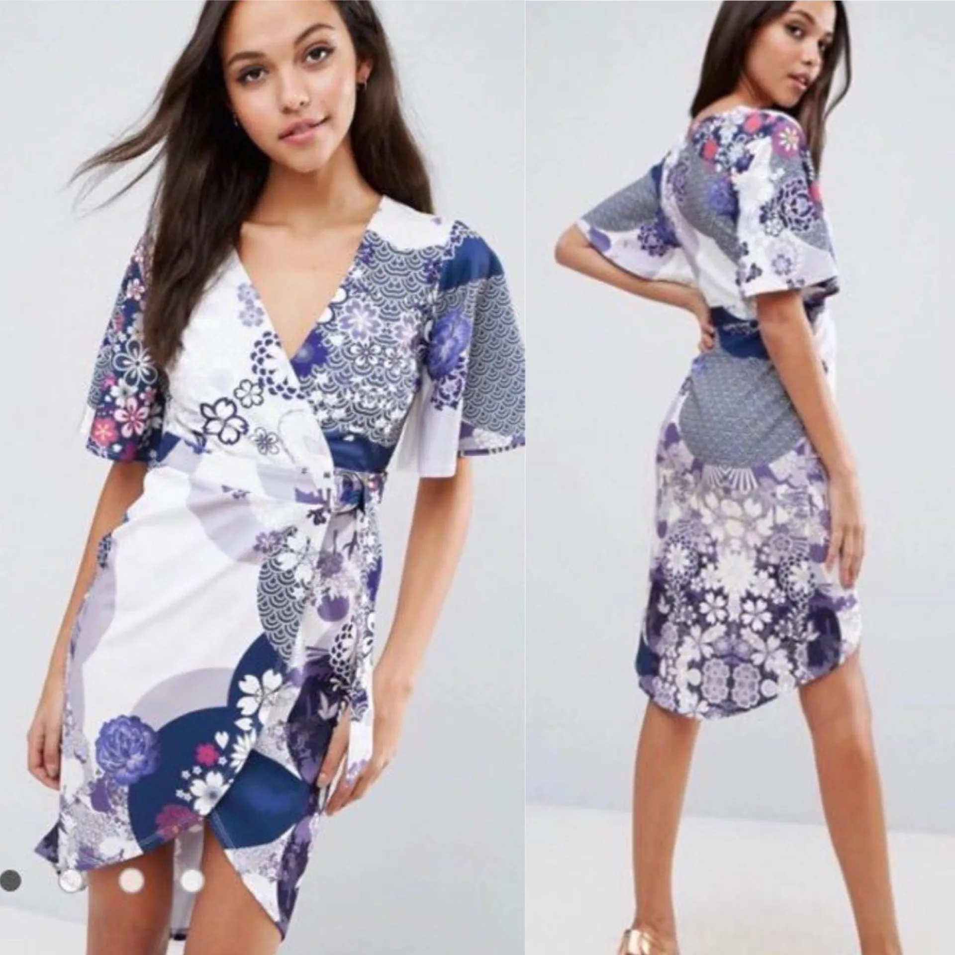 Size 6 Purple Floral Kimono High Low Belted Wrap Dress - Image 2