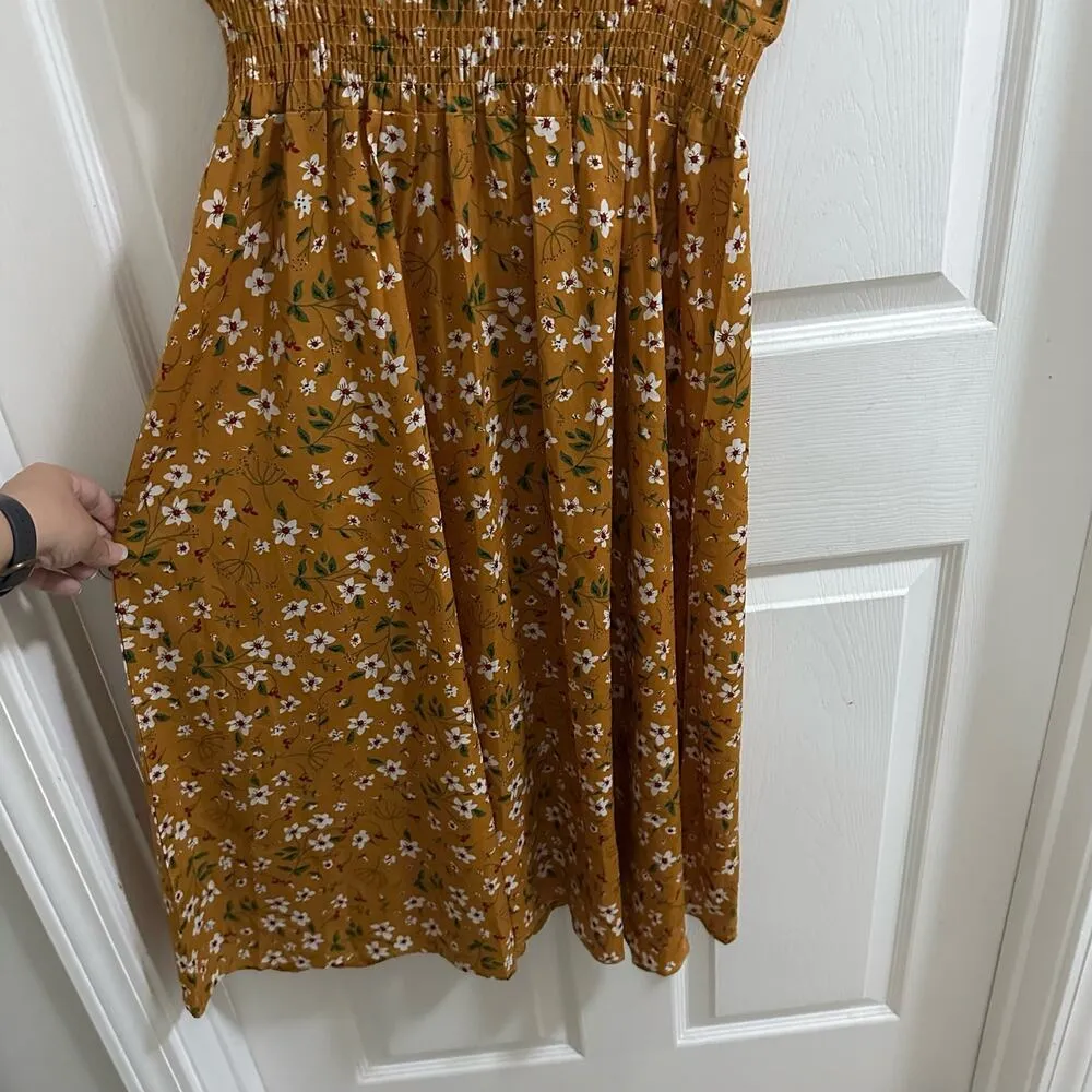 MakeMeChic Women's V Neck Floral Print A Line Midi Dress Mustard Yellow sz Small - Image 4