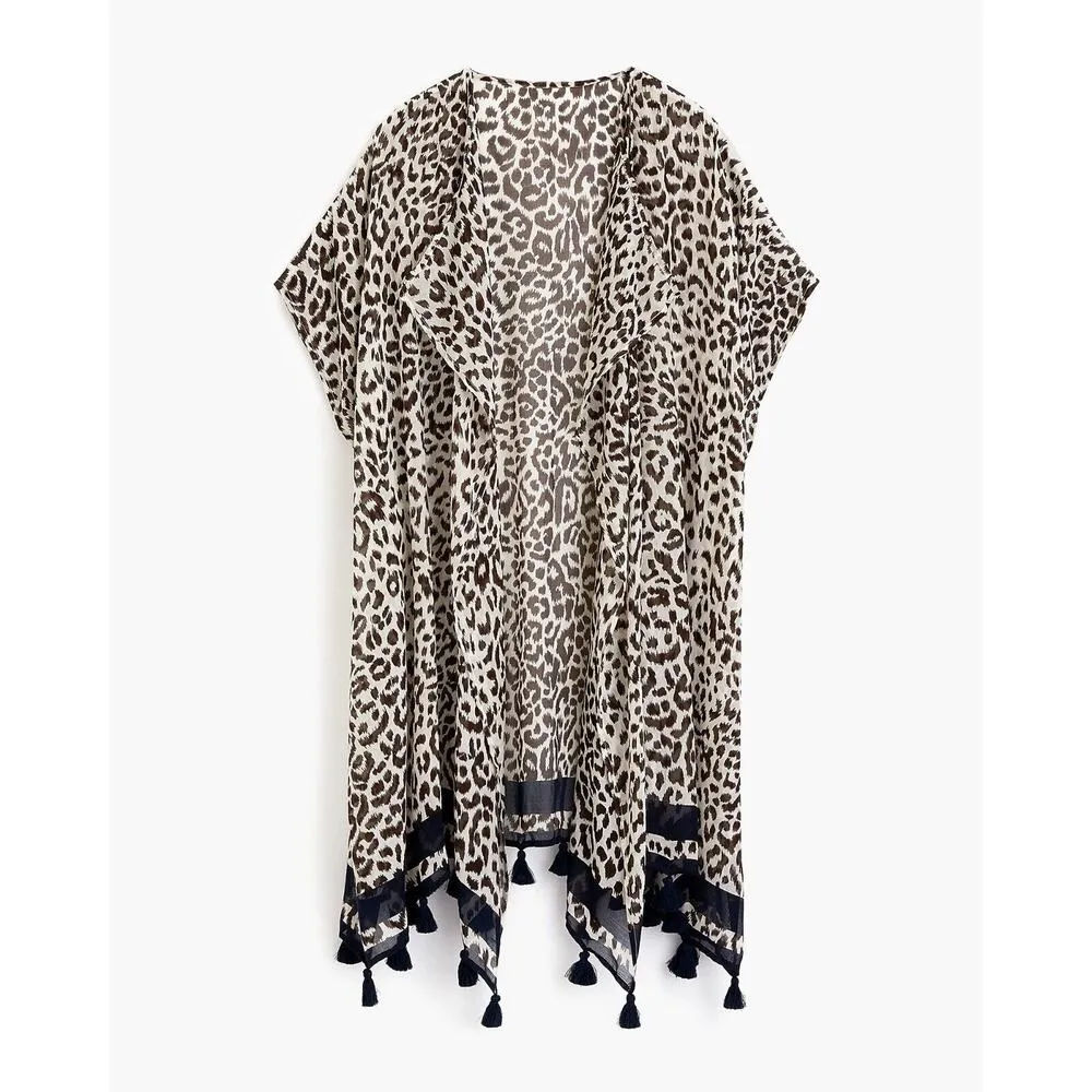 NEW J. Crew Swim Coverup Size M/L Leopard Print Beach Poncho Tassels L9713 - Image 4