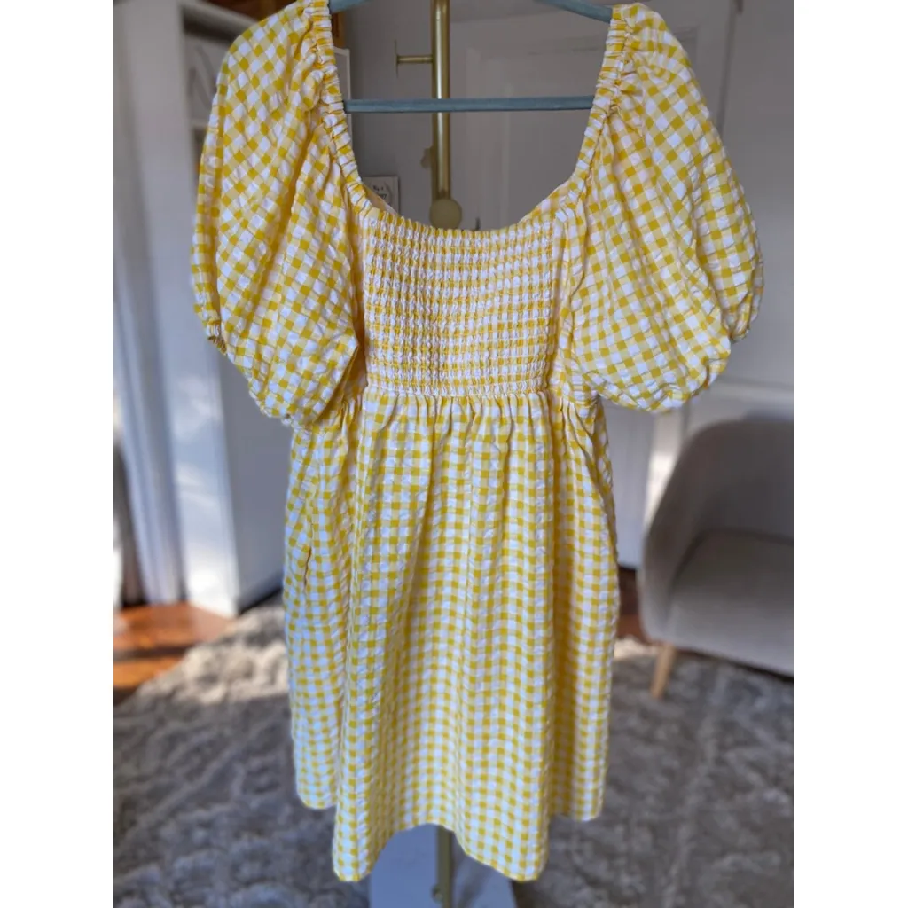 Old Navy Gingham Smocked Mini Dress Yellow Puff V Neck Cottagecore Coquette - Image 3