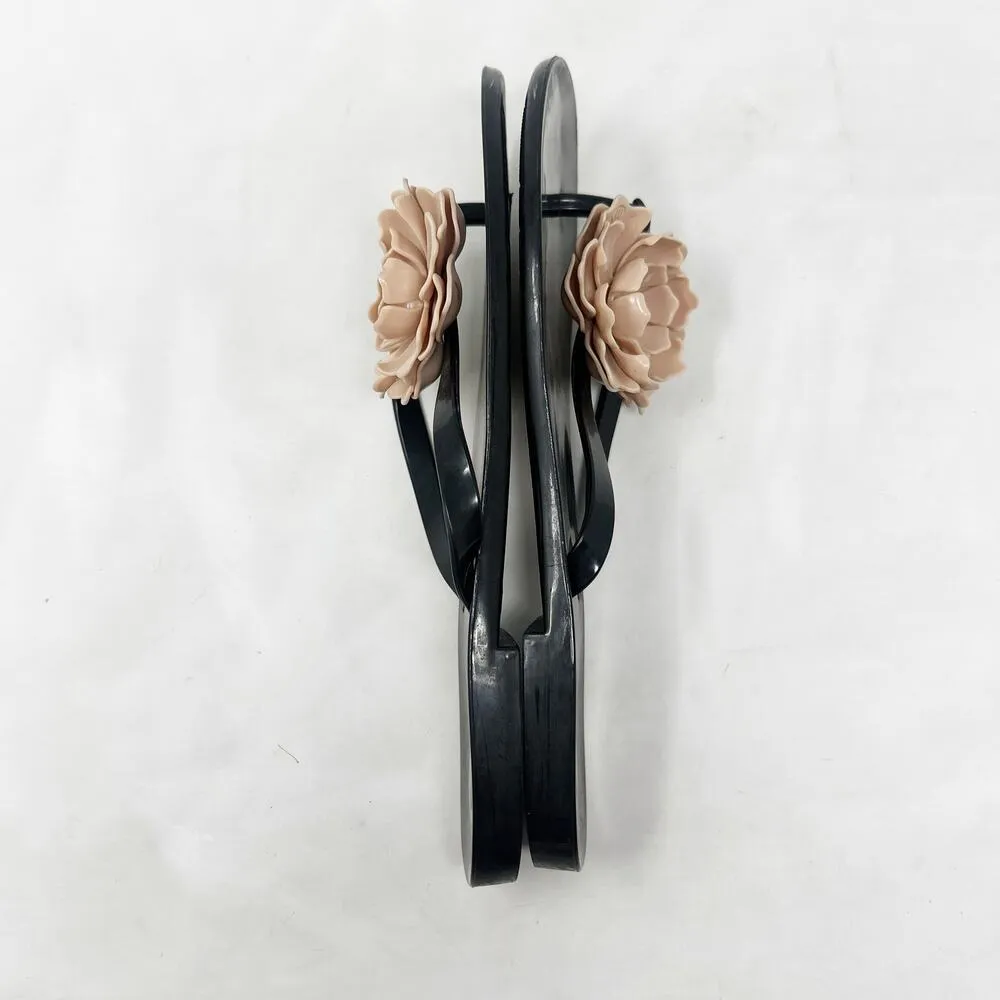[Melissa] Black Jelly Sandals Rubber Flip Flop Beige Flower Beach Thongs Size 9 - Image 8