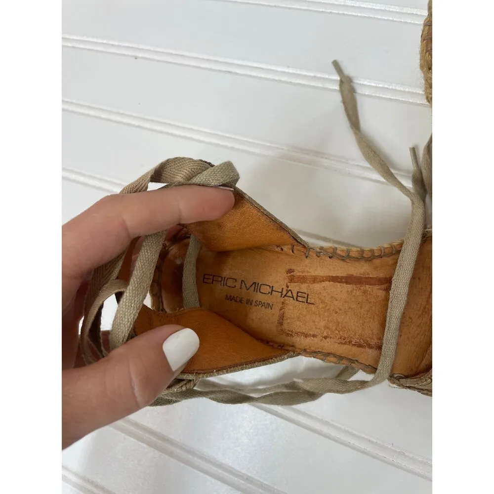 ERIC MICHAEL Womens Beige Wedge Leather Sandals Espadrille Lace up Size 37 6.5 7 - Image 5