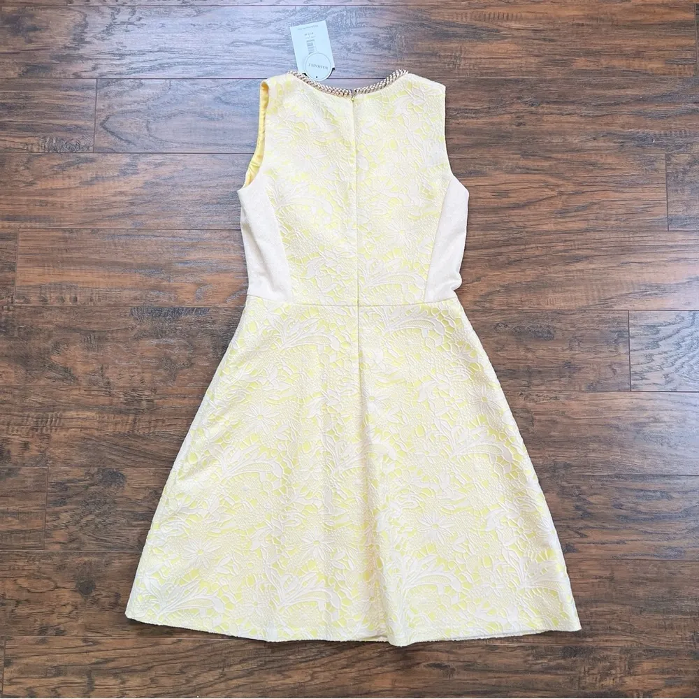 Badgley Mischka • yellow floral mini dress white trompe l'oeil lace knit skater - Image 8