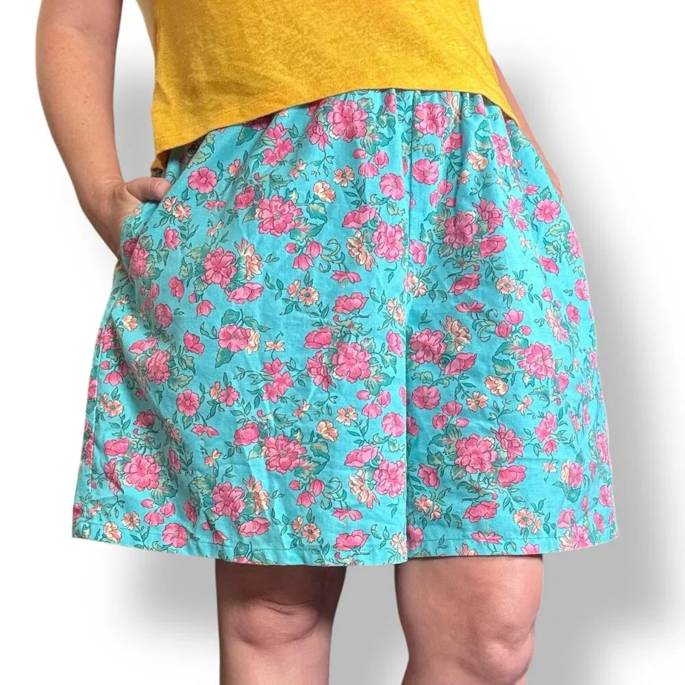 Vintage 90s High Rise Floral Shorts Pink Turquoise Blue USA Made Elastic Waist Size L - Image 7