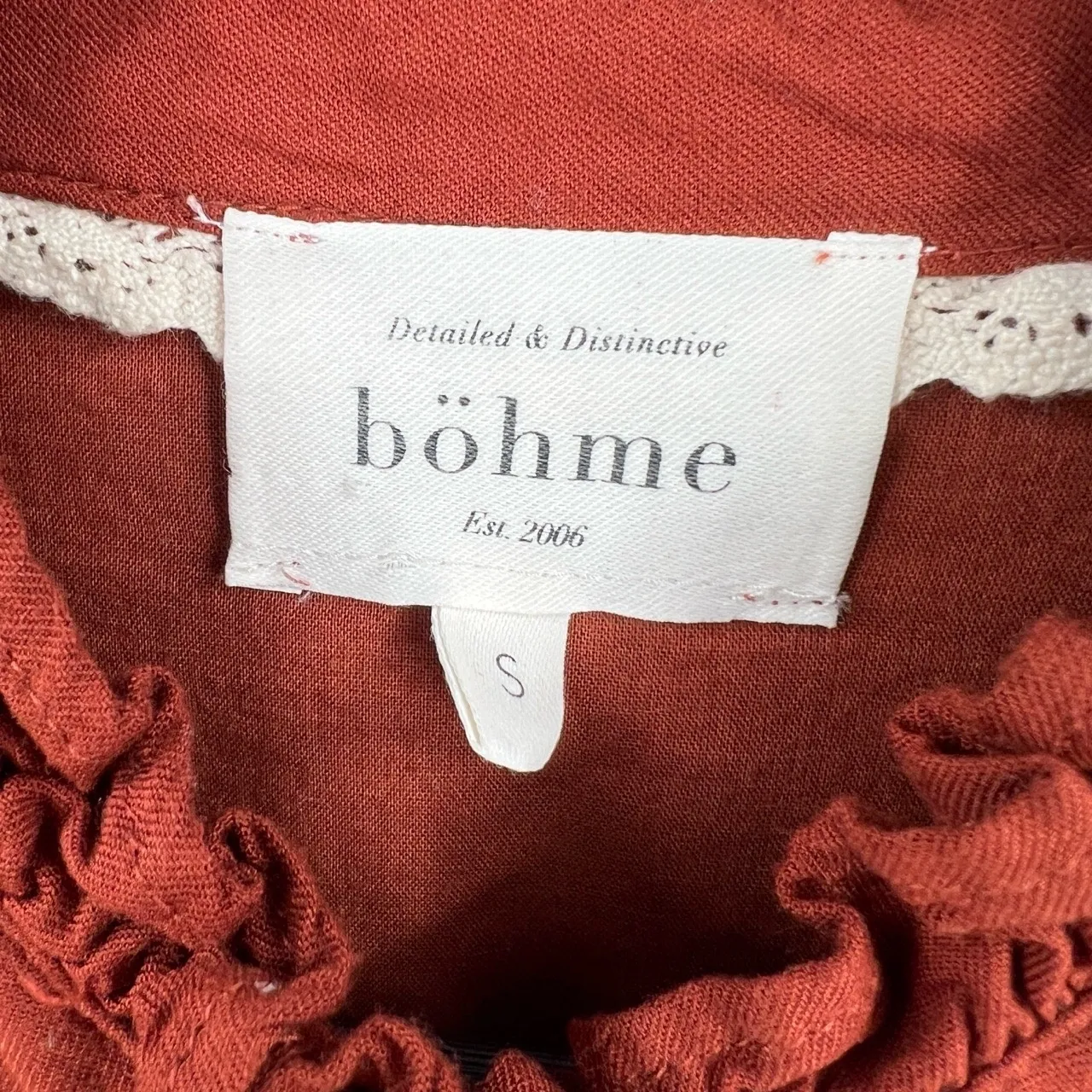 Bohme Rust Mini Dress Ruffle Lace Trim Long Sleeve Drawstring Waist Boho Small - Image 5