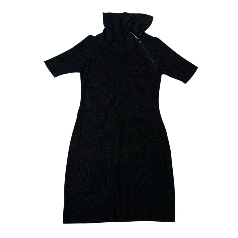 CALVIN KLEIN Black Sweater Dress Asymmetrical Zipper Neckline Knit Size Medium - Image 3