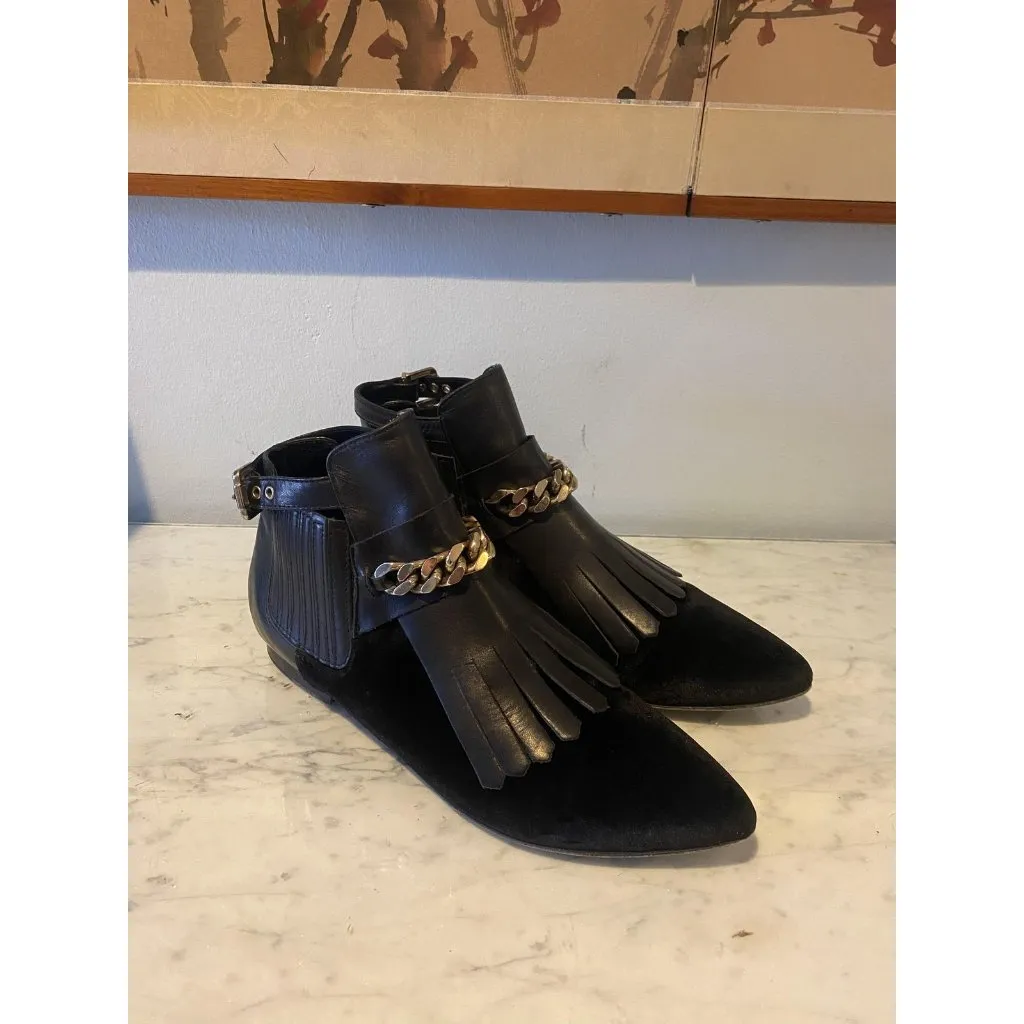 Chiara Ferragni Boots Womens Size 9 Black Leather Suede Fringe Chain Ankle Flat - Image 2