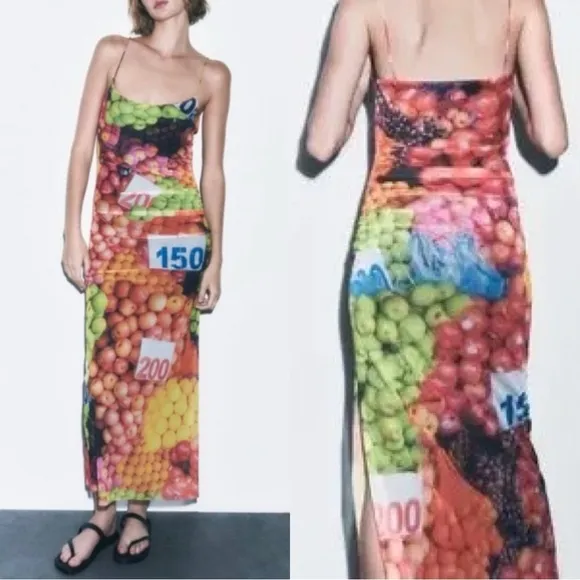 Zara Ruched Mesh Maxi Dress Strappy Sleeveless Fruit Stand Print Colorful Size S - Image 3