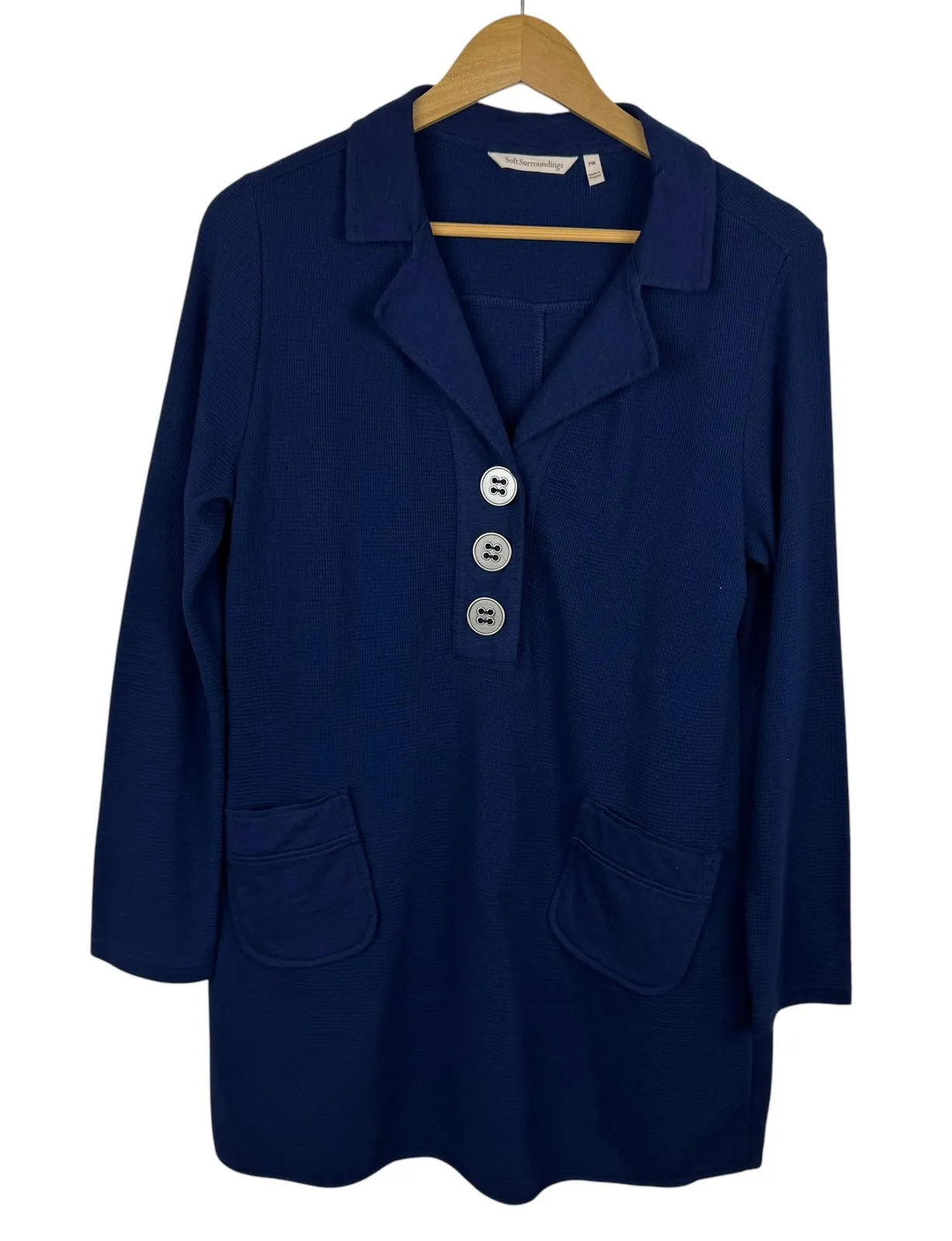 Soft Surroundings Womens Tunic Top Sz PM Blue Button Front Pockets 3/4 Sleeve - Image 1