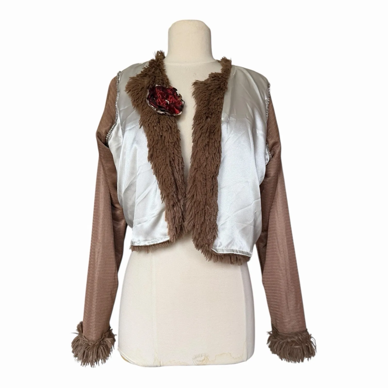 Vintage Shane Lee Faux Fur Cropped Jacket Light Brown Floral Pin Medium - Image 9