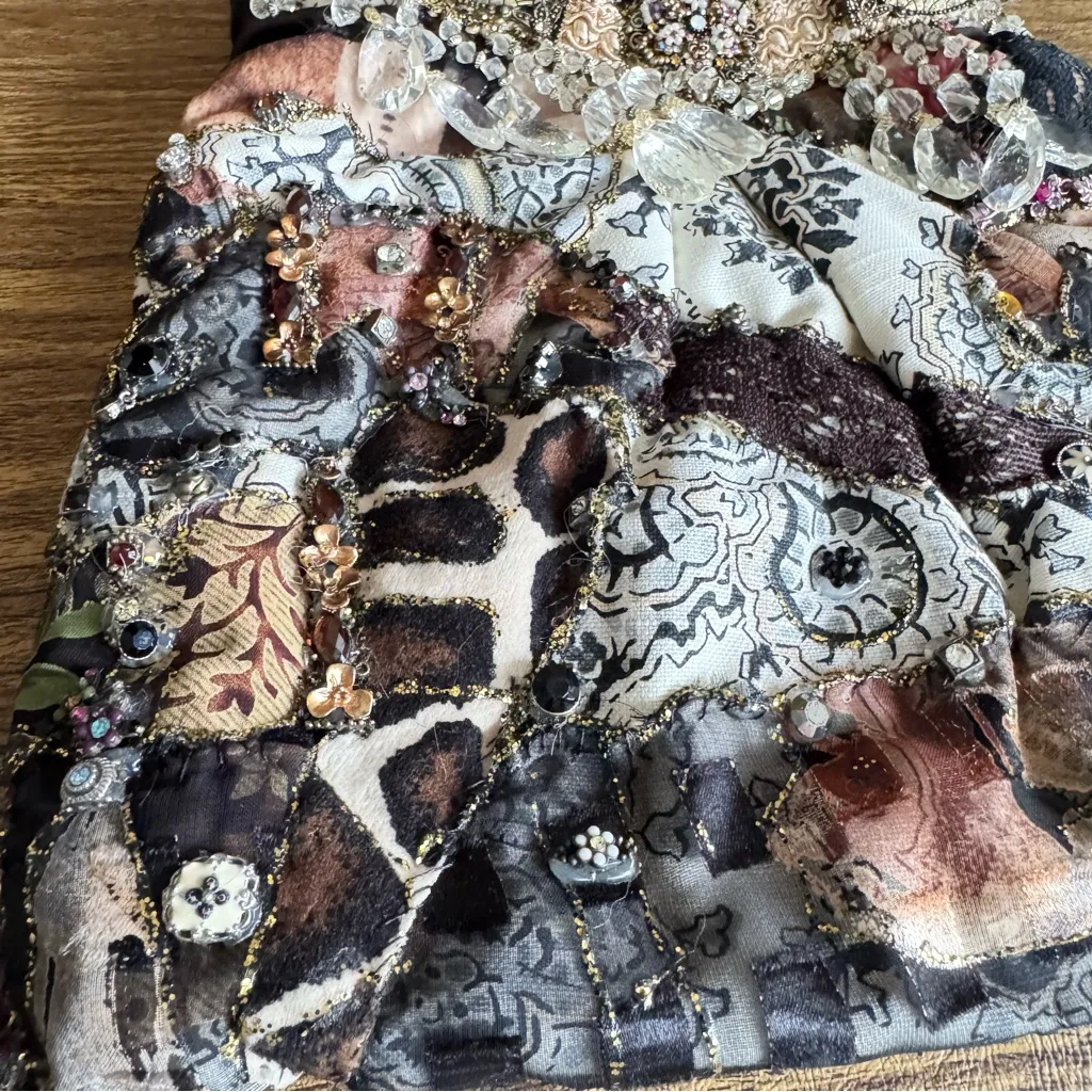 Maria Zeiour Artisan Embellished Beaded‎ Steampunk Patchwork Bucket Bag Purse Brown - Image 4