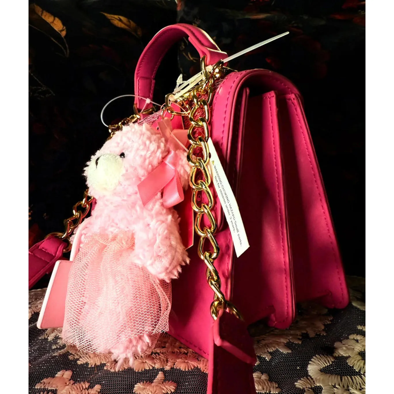 Betsey Johnson Hot Pink Sequin Mini Crossbody w Teddy Bear Charm NWT - Image 3