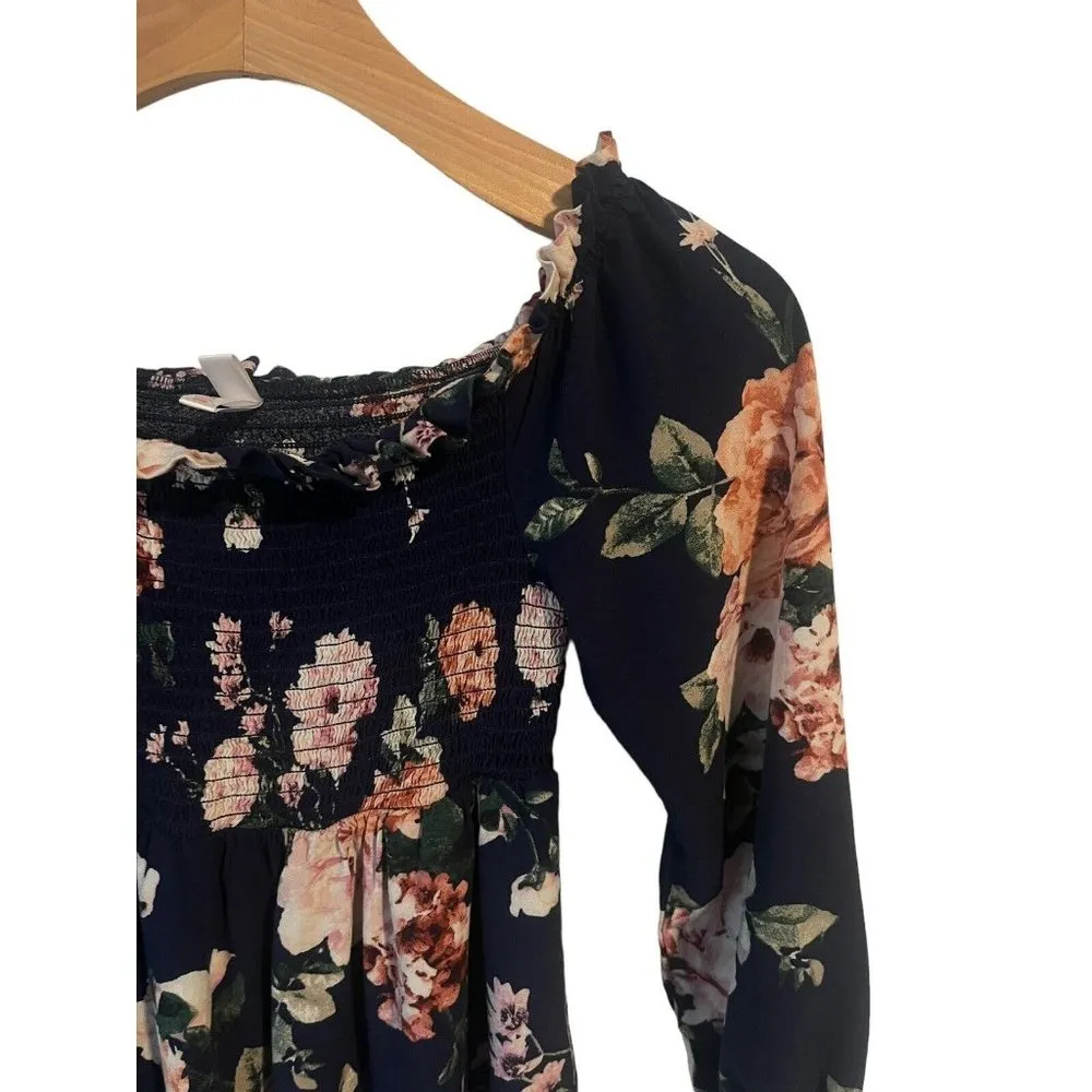 Xhileration Women’s Floral Top Long Ruffle Sleeve Shirt Blouse Navy Size XS - Image 3