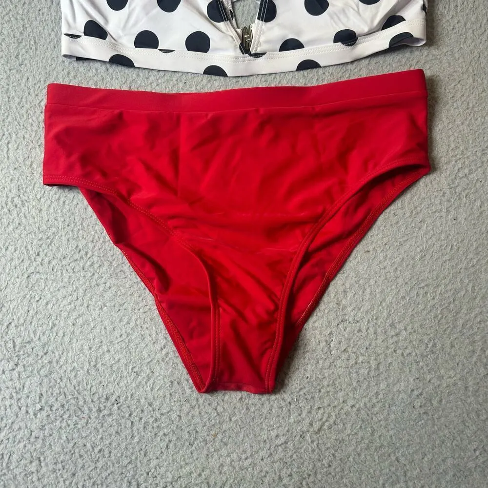 Yuly Swimsuit Womens L White Black Red Ruffle Trim High Waisted‎ Bikini NEW Size L - Image 5