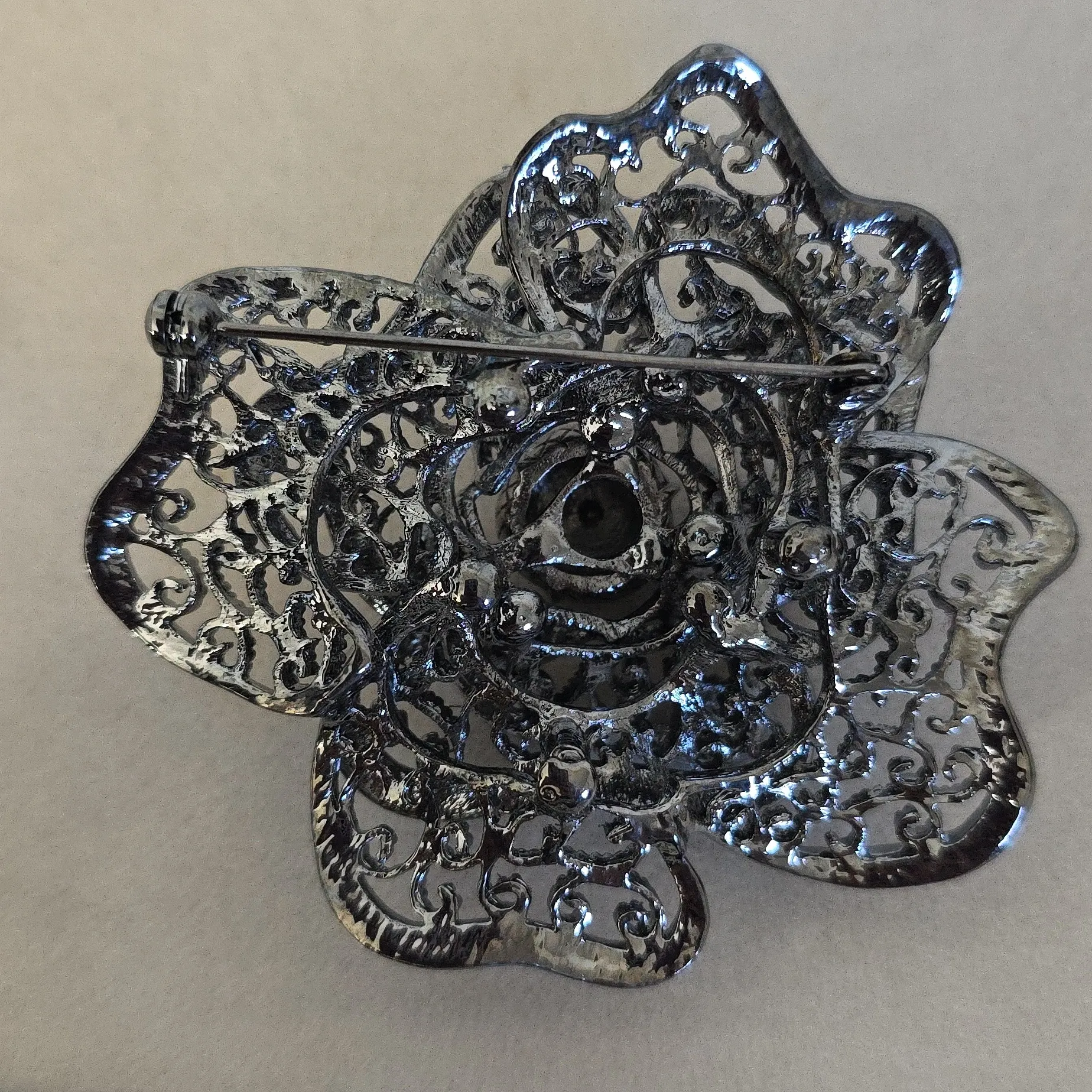 Vintage Statement Silver Blue Rhinestone Rose Flower Brooch Pin - Image 7