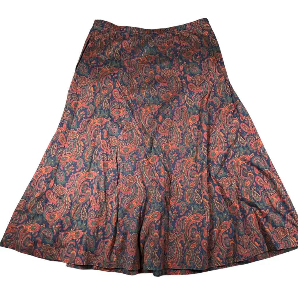 Vtg Lands' End Womens L 12-14 Cotton Paisley Print Pull‎ On Flare Skirt Made USA - Image 9