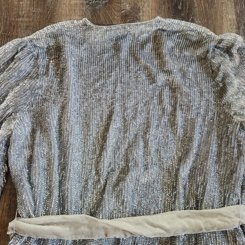 Retrofete Gabrielle Robe Sequin Dress in Silver Size Small Belt Long Sleeve - Image 9