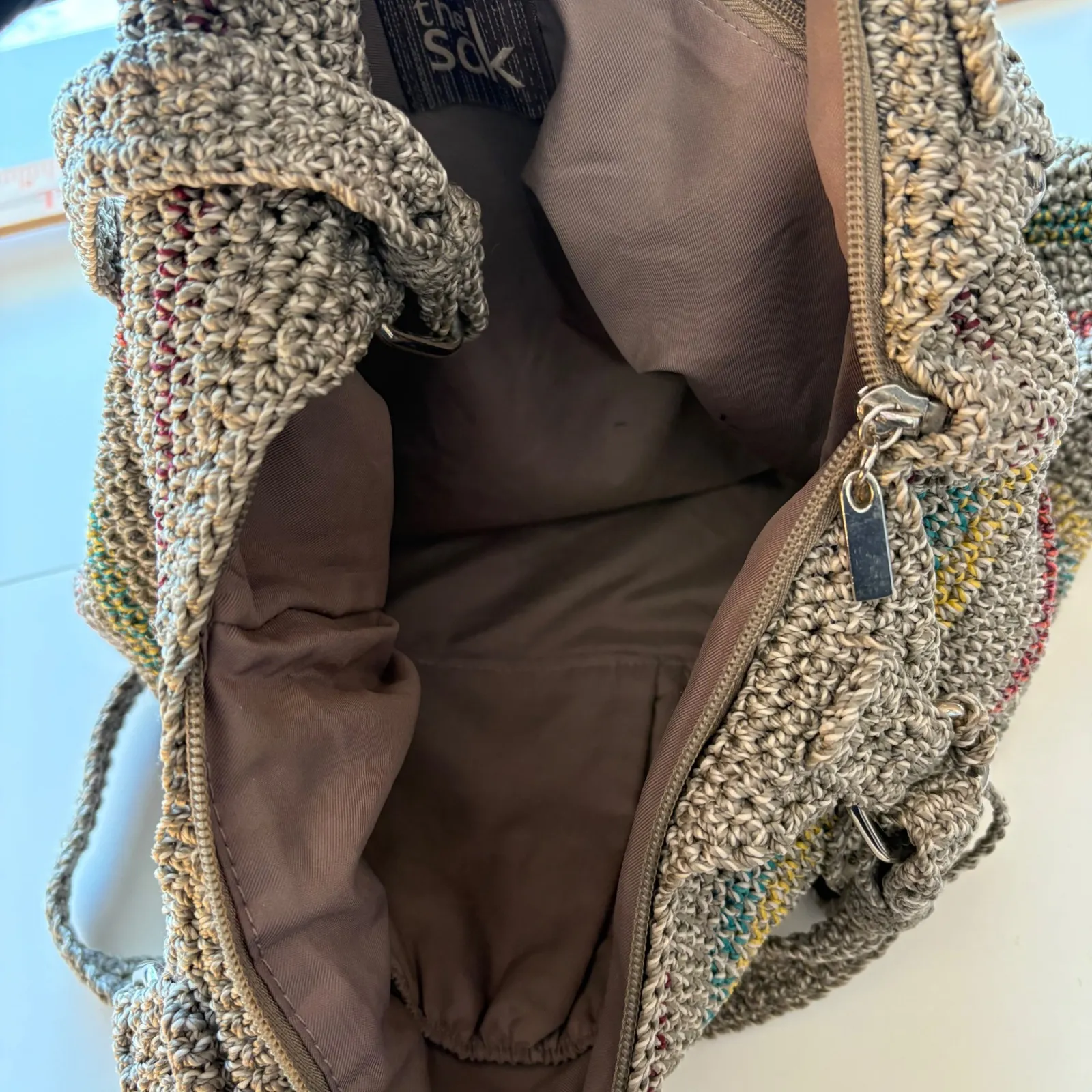 The Sak Crochet Striped Shoulder Bag Hobo Gray Multi Color Zip Pocket - Image 7