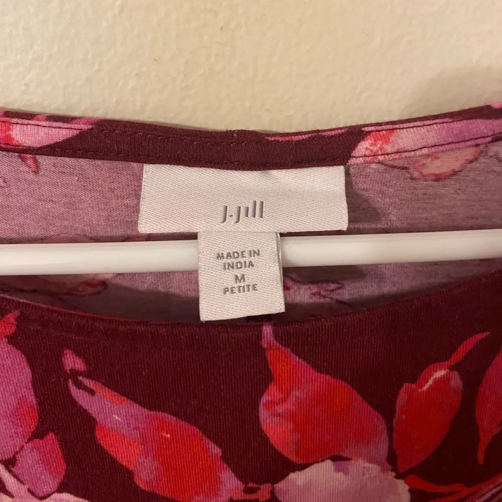 J. Jill Belted Pink Red Floral Patterned Midi Dress Size Medium Petite MP‎ - Image 3