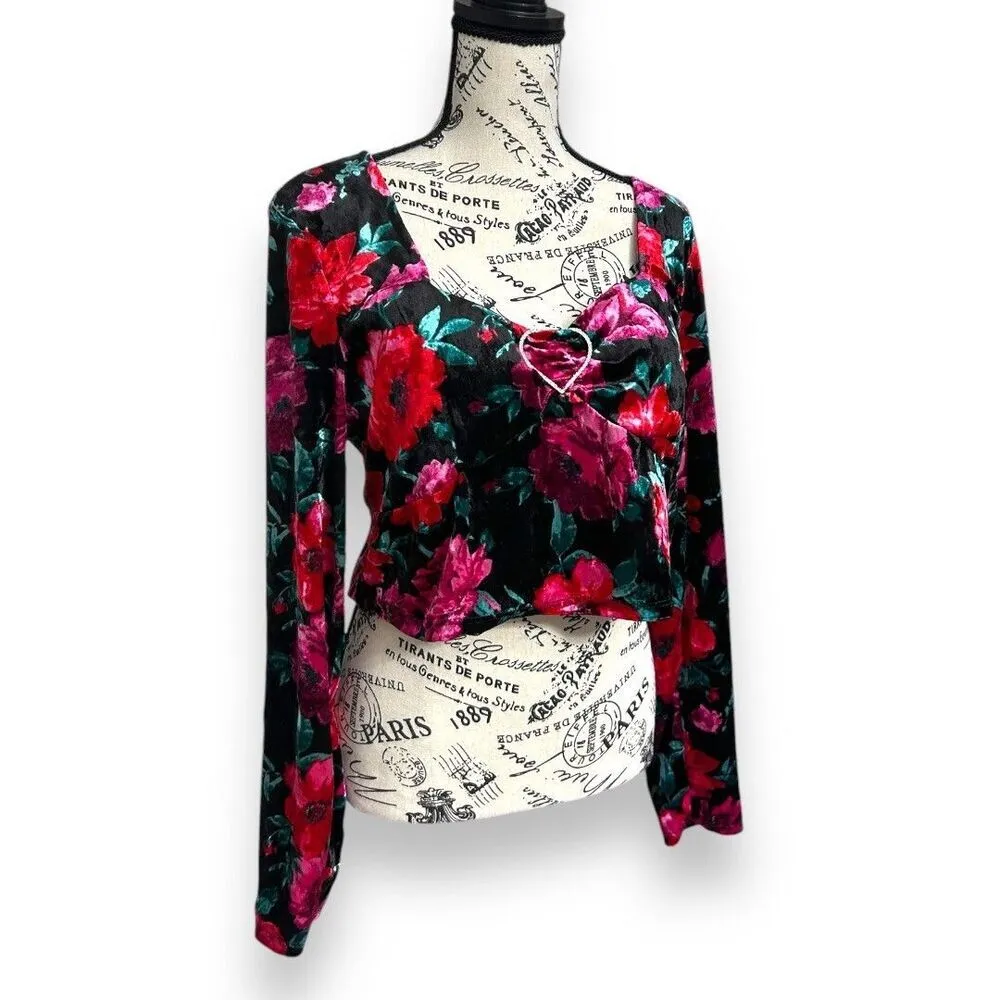 Madden‎ NYC 3X Black Velvet Floral Cropped Top Rhinestone Heart Y2K Whimsigoth - Image 3