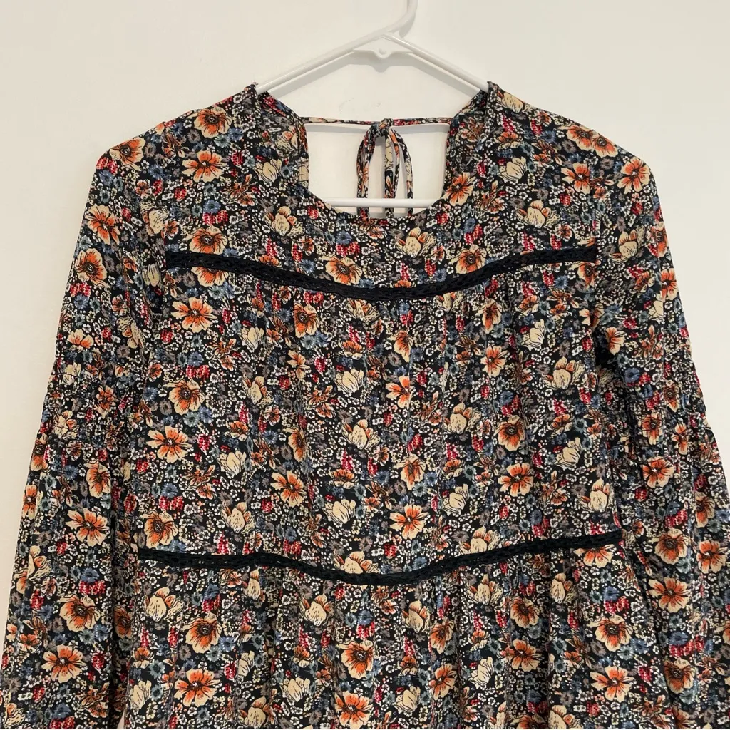 KNOX ROSE Smocked Floral Tie Back Top Black Etc Boho Long Sleeve Peasant Blouse - Image 6