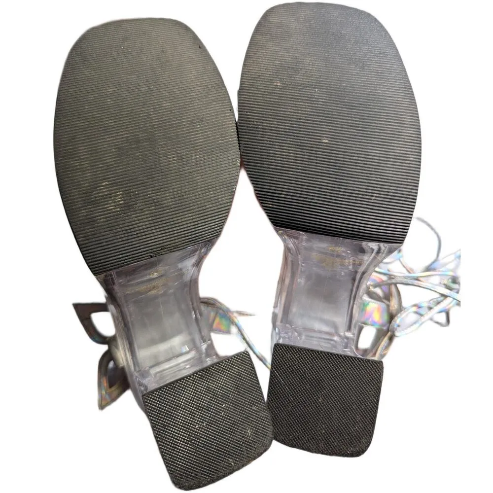 Vtg Y2K Soda Silver Holographic Flower Applique Chunky Clear Heel Sandals Sz 8.5 - Image 4