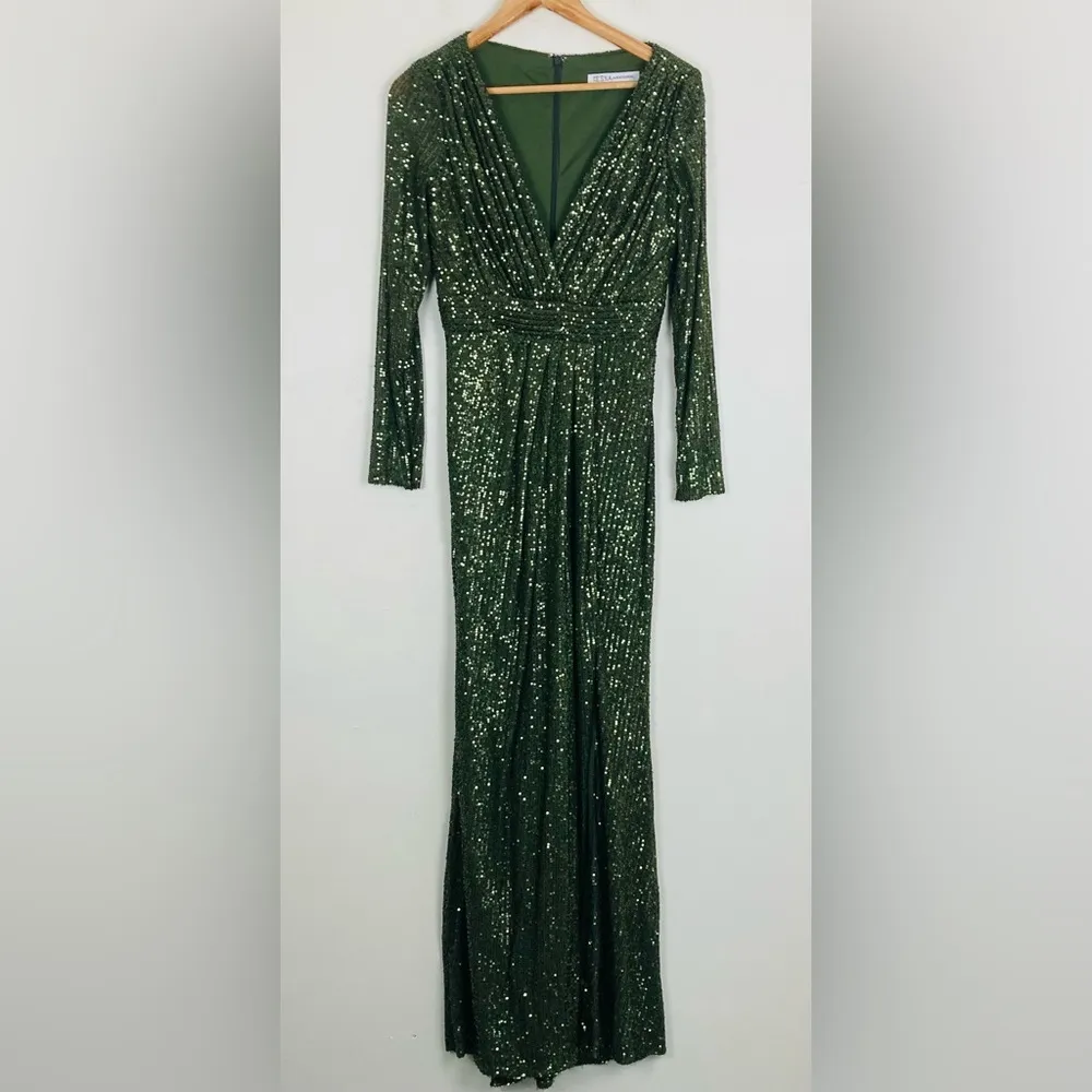MacDuggal Ieena olive green sequin full length long sleeve high slit gown. 6 - Image 5