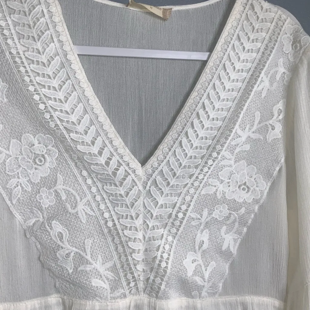 Altar'd State White Long Bell Sleeve Lace Lined V-Neck Boho Dress Medium - Image 6