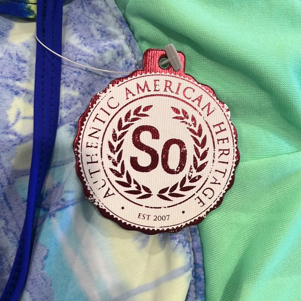 So Halter Tankini Swimwear Top Blue Yellow Hawaiian Print Sz M - Image 5