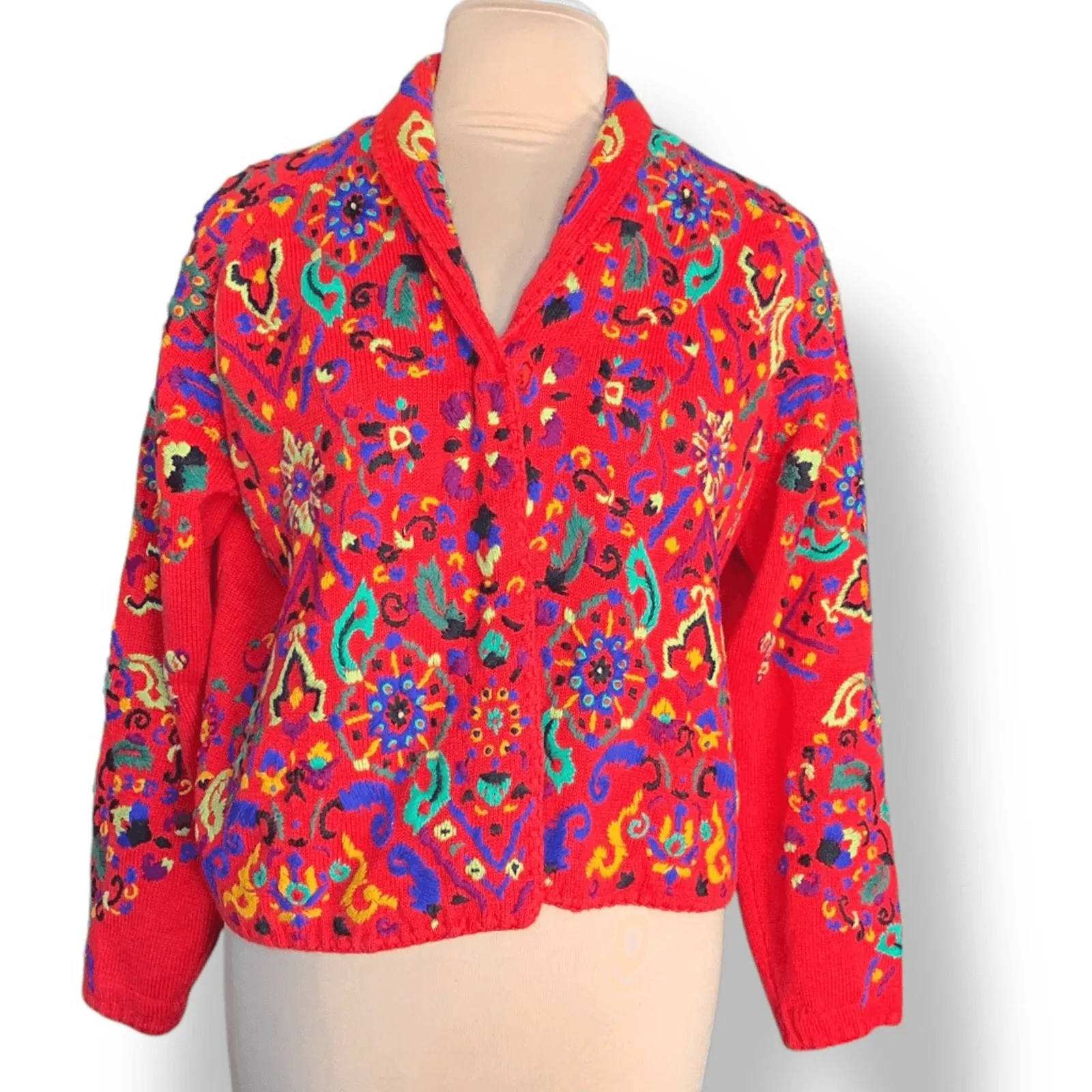 Vintage 90s Michael Simon Cherry Red Embroidered Knit Cardigan Sweater Eclectic Size L - Image 3