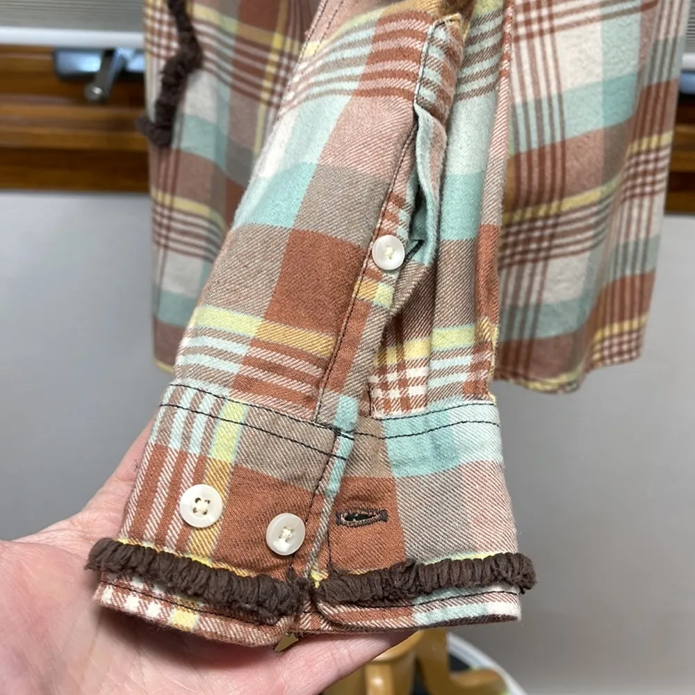 Dylan by True Grit Burnt Orange Plaid Fringe Detail Button Down Plaid Shirt - Image 6