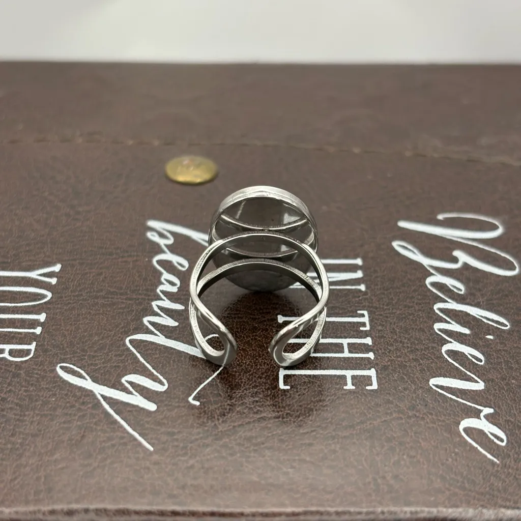 Vintage 60s Glass Cabochon Adjustable Ring Stainless Steel Band Handmade Silver - Image 3