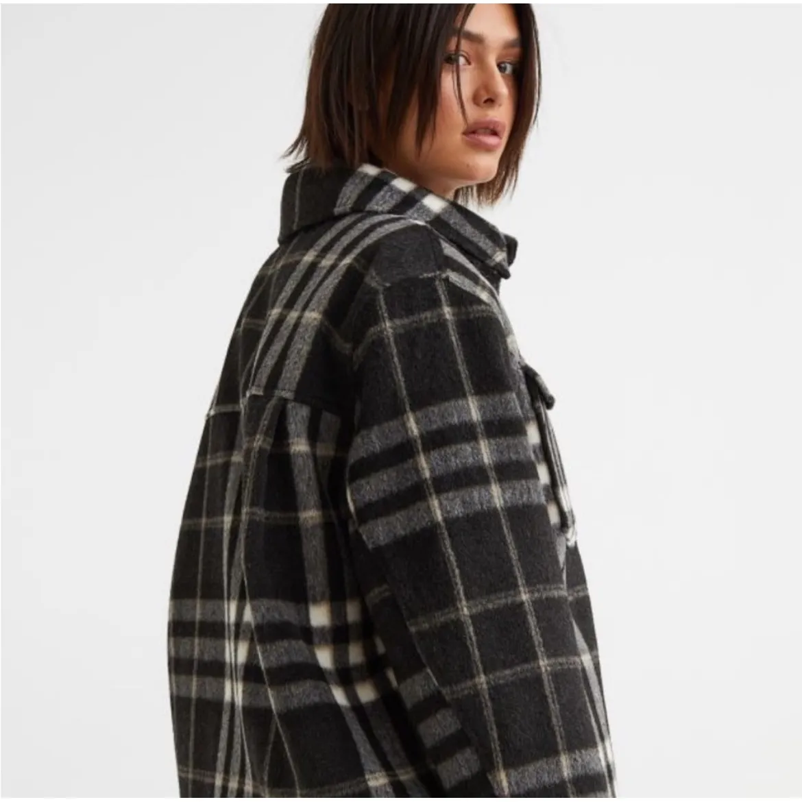 H&M Black Plaid Wool‎ Blend Coat Jacket Flannel Style Small - Image 2