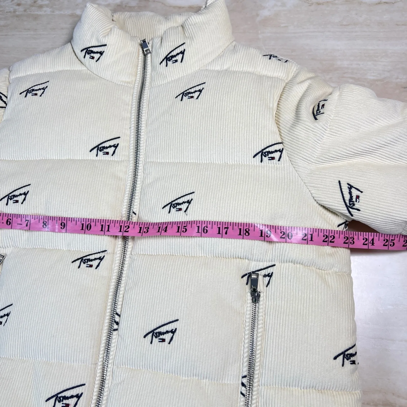 Tommy Jeans Corduroy Puffer Jacket Cream All Over Logo Embroidered Size M White Size M - Image 8
