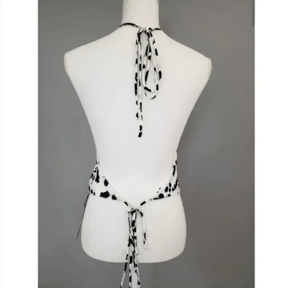 Nasty Gal Halter Tie Back Top 6 Animal Print Backless White Black Spots Western - Image 3